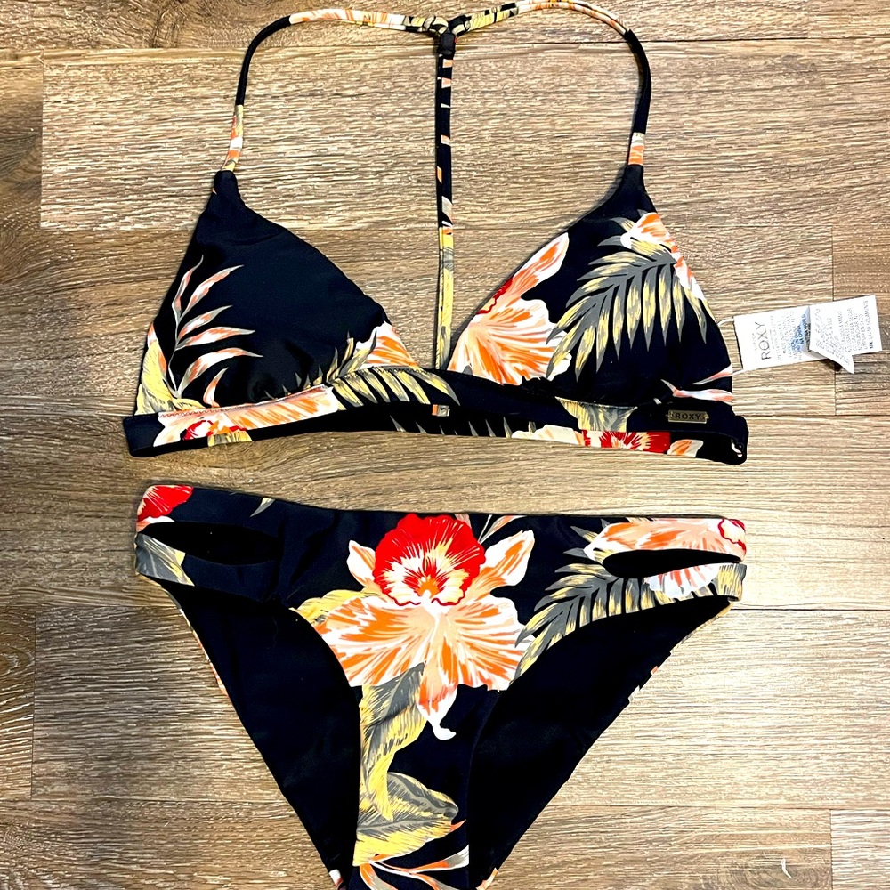 Roxy Black Floral Bikini Set with Yellow, Orange and Red Accents - Picture 1 of 4